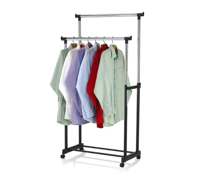 Suport dublu pentru umerase si haine tip stander,Cu roti si inaltime reglabila 94-160cm
