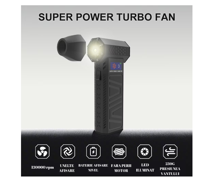 Suflanta electrica portabila, Turbo Fan, 3 trepte viteza, Ecran Digital, Motor 130000 RPM, Baterie 8000mAh, baterie reincarcabila, ideala pentru gratar, semineu si curatare praf, Detailing auto, PC, Frizerie