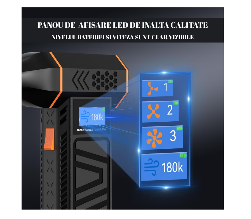 Suflanta electrica portabila, Turbo Fan, 3 trepte viteza, Ecran Digital, Motor 130000 RPM, Baterie 8000mAh, baterie reincarcabila, ideala pentru gratar, semineu si curatare praf, Detailing auto, PC, Frizerie