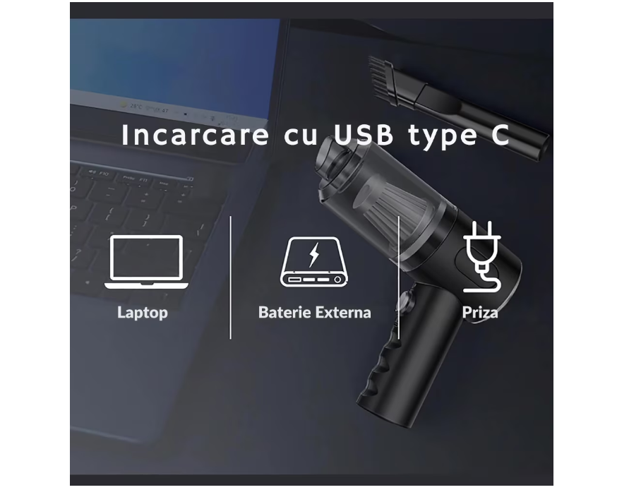 Aspirator Portabil 3-in-1, Aspirare Si Suflare, Incarcare USB, 120 W, Filtru HEPA lavabil, 5 accesorii, Ideal pentru Casa, Masina si Birou