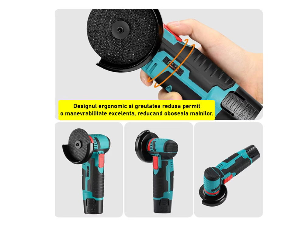 Mini Flex Electric Portabil Cu Acumulator, Polizor Unghiular Cu Disc 76 MM, Design Compact, Autonomie Mare, 750W, 2 Acumulatori de 12V, 1500 mAh, 19500 rpm, Functie Soft Start, Albastru / Negru