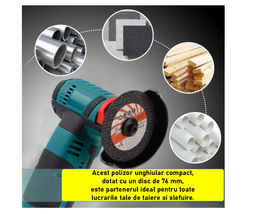 Mini Flex Electric Portabil Cu Acumulator, Polizor Unghiular Cu Disc 76 MM, Design Compact, Autonomie Mare, 750W, 2 Acumulatori de 12V, 1500 mAh, 19500 rpm, Functie Soft Start, Albastru / Negru