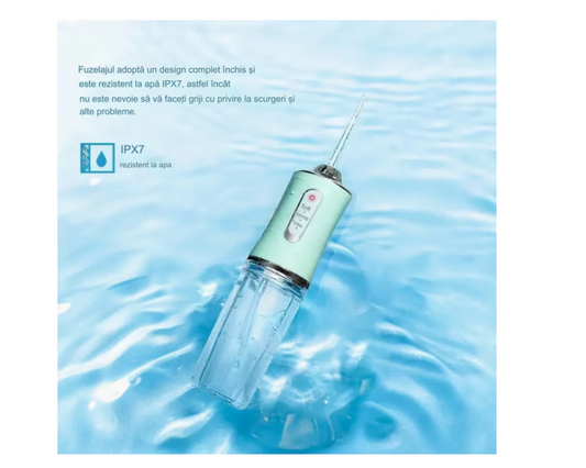 Irigator Oral Portabil, 3 Moduri de Jet (Soft, Normal, Pulse), Rezervor 230ml, 4 Duze, Incarcare USB, Impermeabil IPX7, Ideal pentru Igiena Dentara Zilnica,