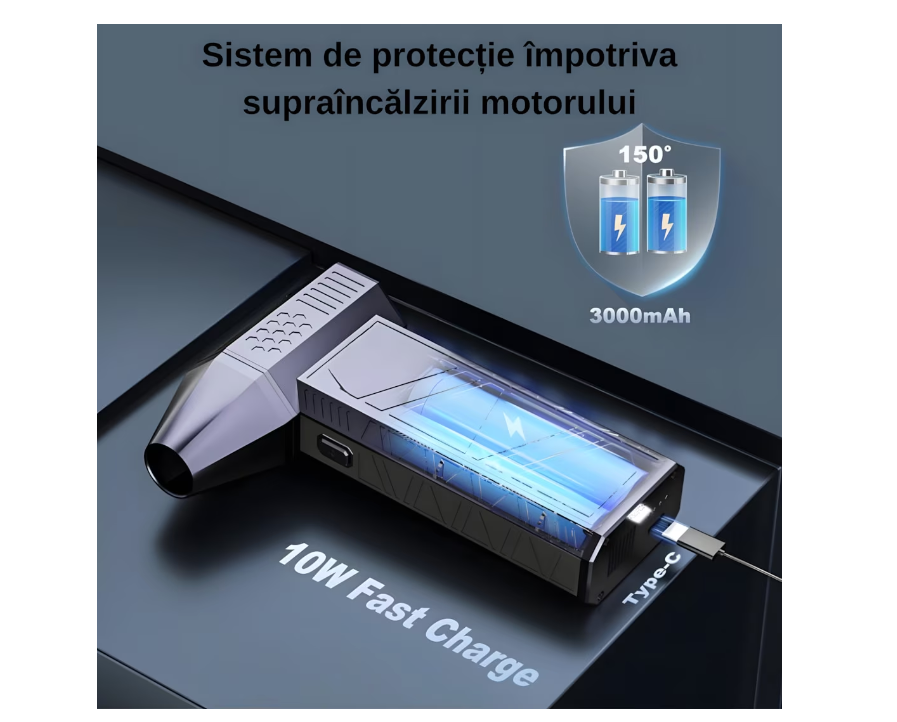 Suflanta Aer Comprimat Portabila, Profesionala, 130000RPM, 52M/s, baterie 3000 mAh, 3 Trepte Putere, Pentru Auto, Curatare Filtre, Frizerie, PC, Gratar, Indepartare Frunze, Praf, Apa