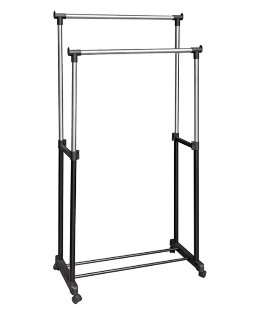 Suport dublu pentru umerase si haine tip stander,Cu roti si inaltime reglabila 94-160cm