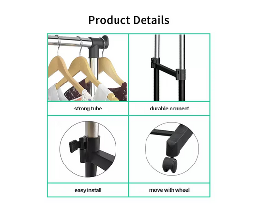 Suport dublu pentru umerase si haine tip stander,Cu roti si inaltime reglabila 94-160cm