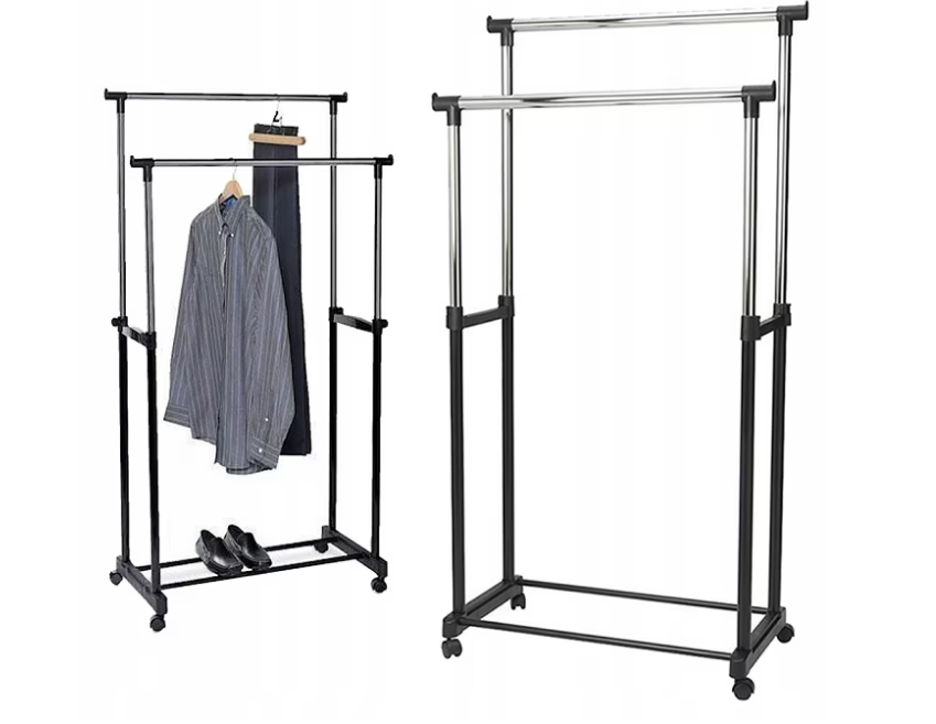 Suport dublu pentru umerase si haine tip stander,Cu roti si inaltime reglabila 94-160cm