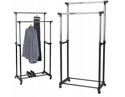 Suport dublu pentru umerase si haine tip stander,Cu roti si inaltime reglabila 94-160cm