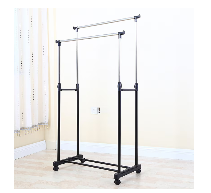 Suport dublu pentru umerase si haine tip stander,Cu roti si inaltime reglabila 94-160cm