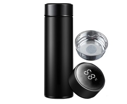 Termos Inteligent cu Afisaj Digital LED, Capacitate 500ml, Indica Temperatura Lichidului, Filtru pentru Ceai, Interior din Otel Inoxidabil, Negru Mat, Izolare Termica Pana la 24 Ore