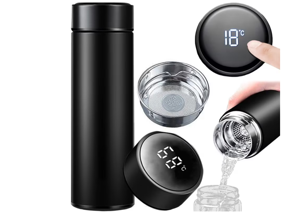 Termos Inteligent cu Afisaj Digital LED, Capacitate 500ml, Indica Temperatura Lichidului, Filtru pentru Ceai, Interior din Otel Inoxidabil, Negru Mat, Izolare Termica Pana la 24 Ore