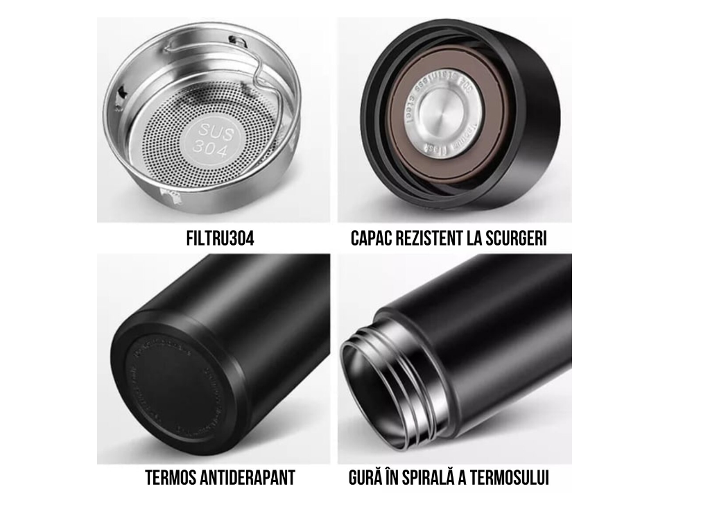 Termos Inteligent cu Afisaj Digital LED, Capacitate 500ml, Indica Temperatura Lichidului, Filtru pentru Ceai, Interior din Otel Inoxidabil, Negru Mat, Izolare Termica Pana la 24 Ore