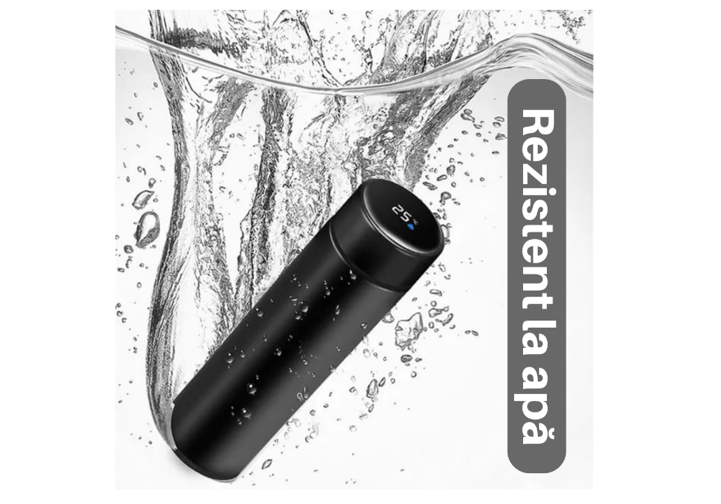 Termos Inteligent cu Afisaj Digital LED, Capacitate 500ml, Indica Temperatura Lichidului, Filtru pentru Ceai, Interior din Otel Inoxidabil, Negru Mat, Izolare Termica Pana la 24 Ore