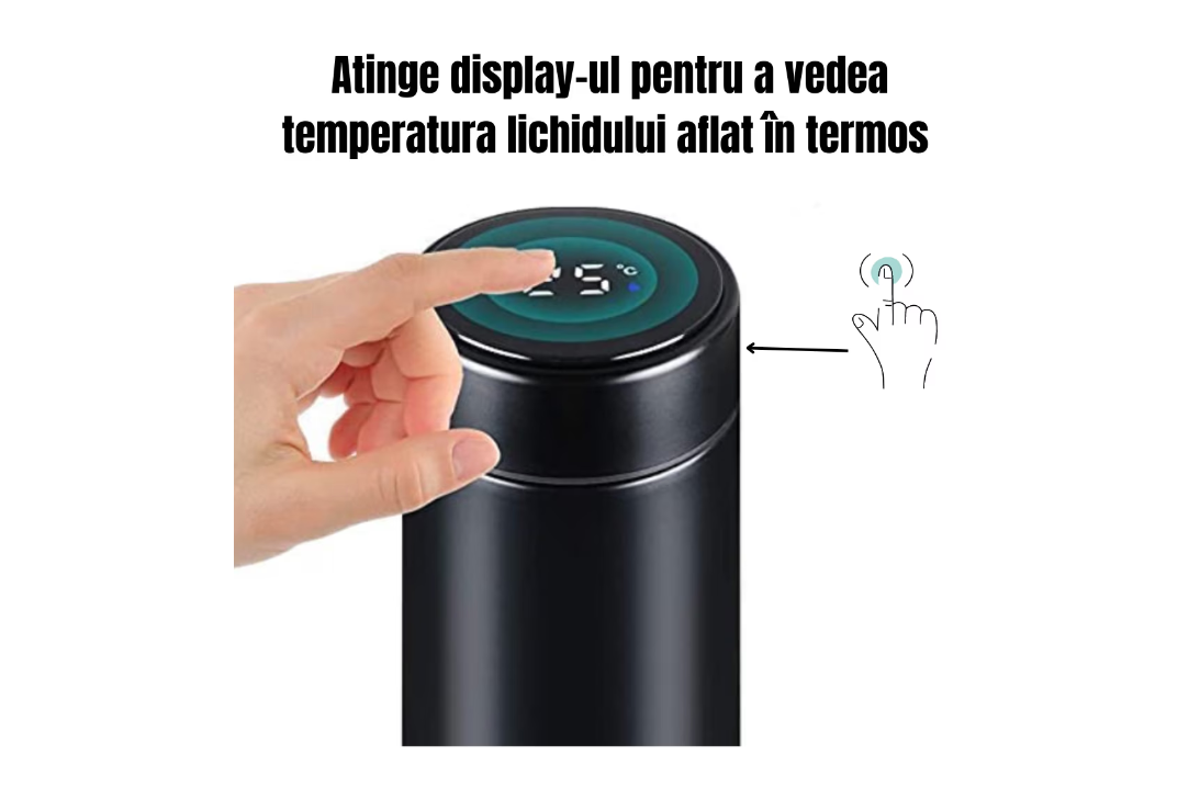 Termos Inteligent cu Afisaj Digital LED, Capacitate 500ml, Indica Temperatura Lichidului, Filtru pentru Ceai, Interior din Otel Inoxidabil, Negru Mat, Izolare Termica Pana la 24 Ore