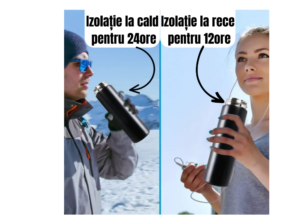 Termos Inteligent cu Afisaj Digital LED, Capacitate 500ml, Indica Temperatura Lichidului, Filtru pentru Ceai, Interior din Otel Inoxidabil, Negru Mat, Izolare Termica Pana la 24 Ore