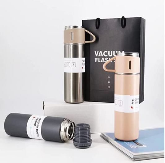 Set termos din inox cu 3 cesti, 500ml – Sticla termoizolanta pentru bauturi fierbinti si reci, cani termoizolante pentru calatorii,12h