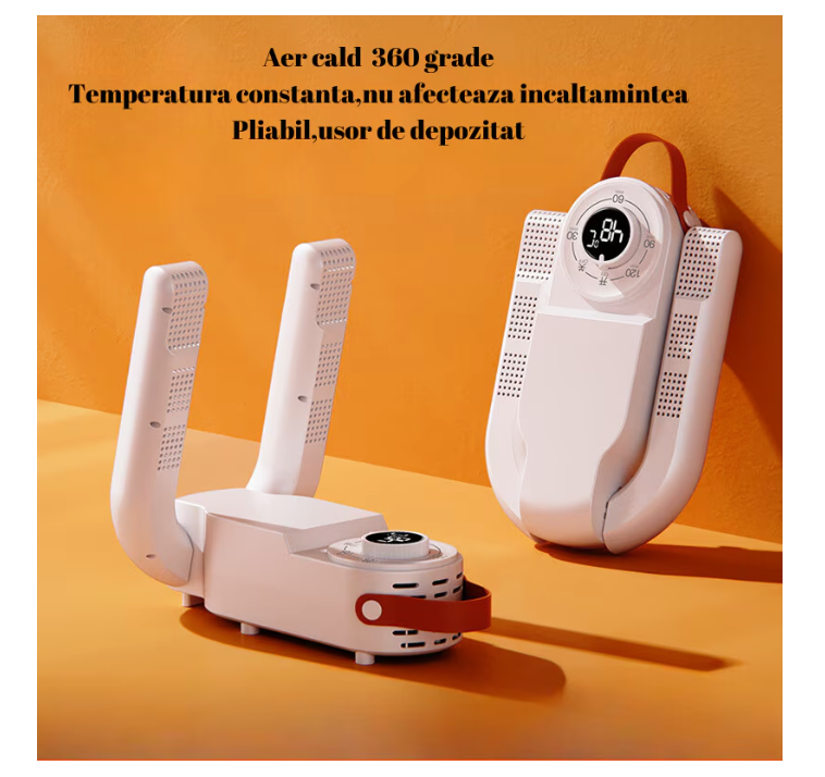 Uscător electric de încălțăminte cu sterilizator UV, aer cald la 360°, 150W, pliabil, alb