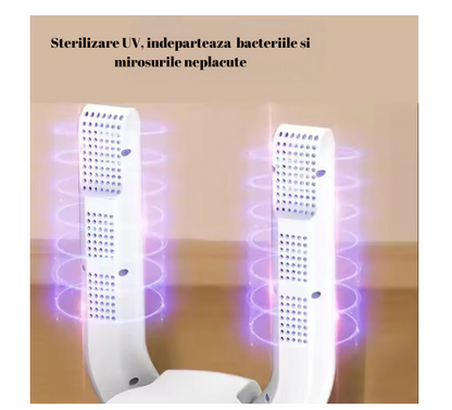Uscător electric de încălțăminte cu sterilizator UV, aer cald la 360°, 150W, pliabil, alb